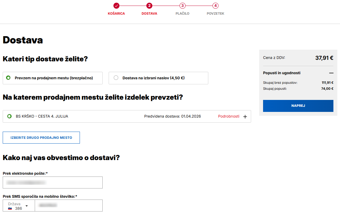 Korak dostave v Petrol eShop za neprijavljenega uporabnika. Izbran je brezplačen prevzem na prodajnem mestu BS Krško – Cesta 4. julija, s predvidenim datumom dostave 01.04.2026. Možnost dostave na naslov za 4,50 €. Vnos e-pošte in telefonske številke za obveščanje. Na desni strani skupni znesek 37,91 €.